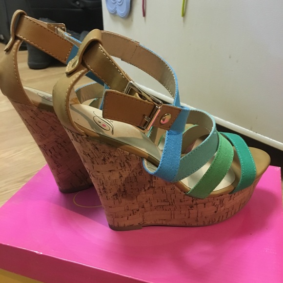 Blue/green ombré high wedge sandals size 8 - Picture 4 of 6